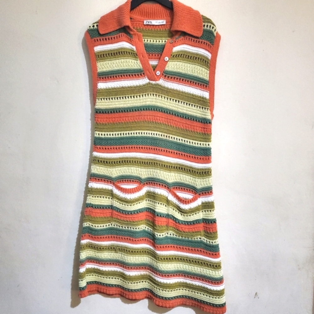 Zara Multicolor Crochet Dress with Collar